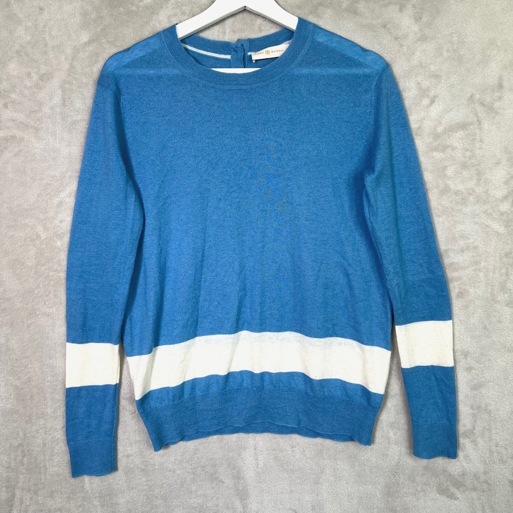 Tory Burch 100% Cashmere Sweater S Blue White Stripe Crew Quiet Luxury Preppy